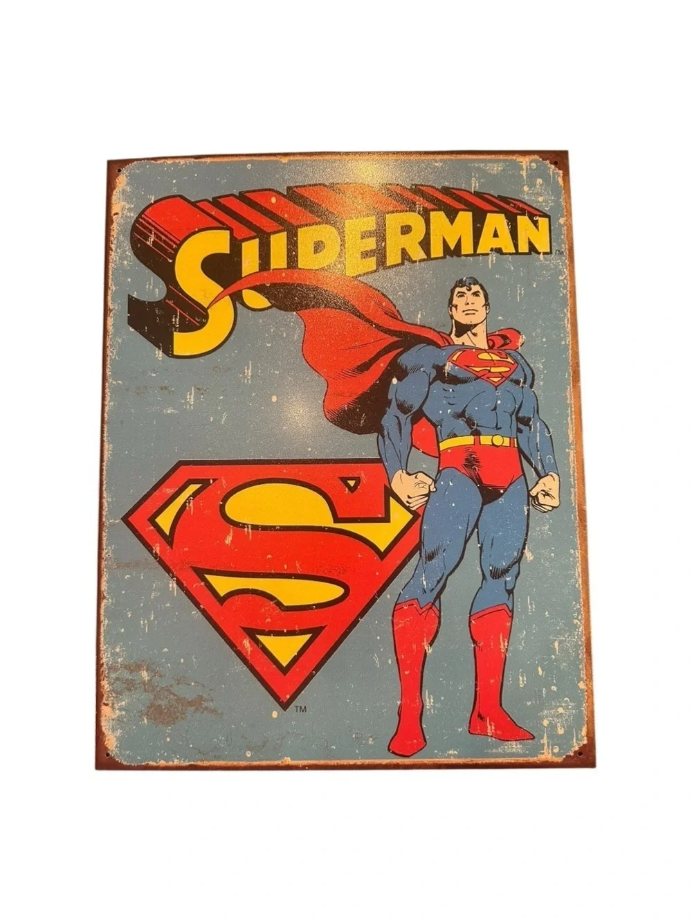 Superman Vintage Metal Sign Red Blue Art & Decals Size 16” x 12.5”